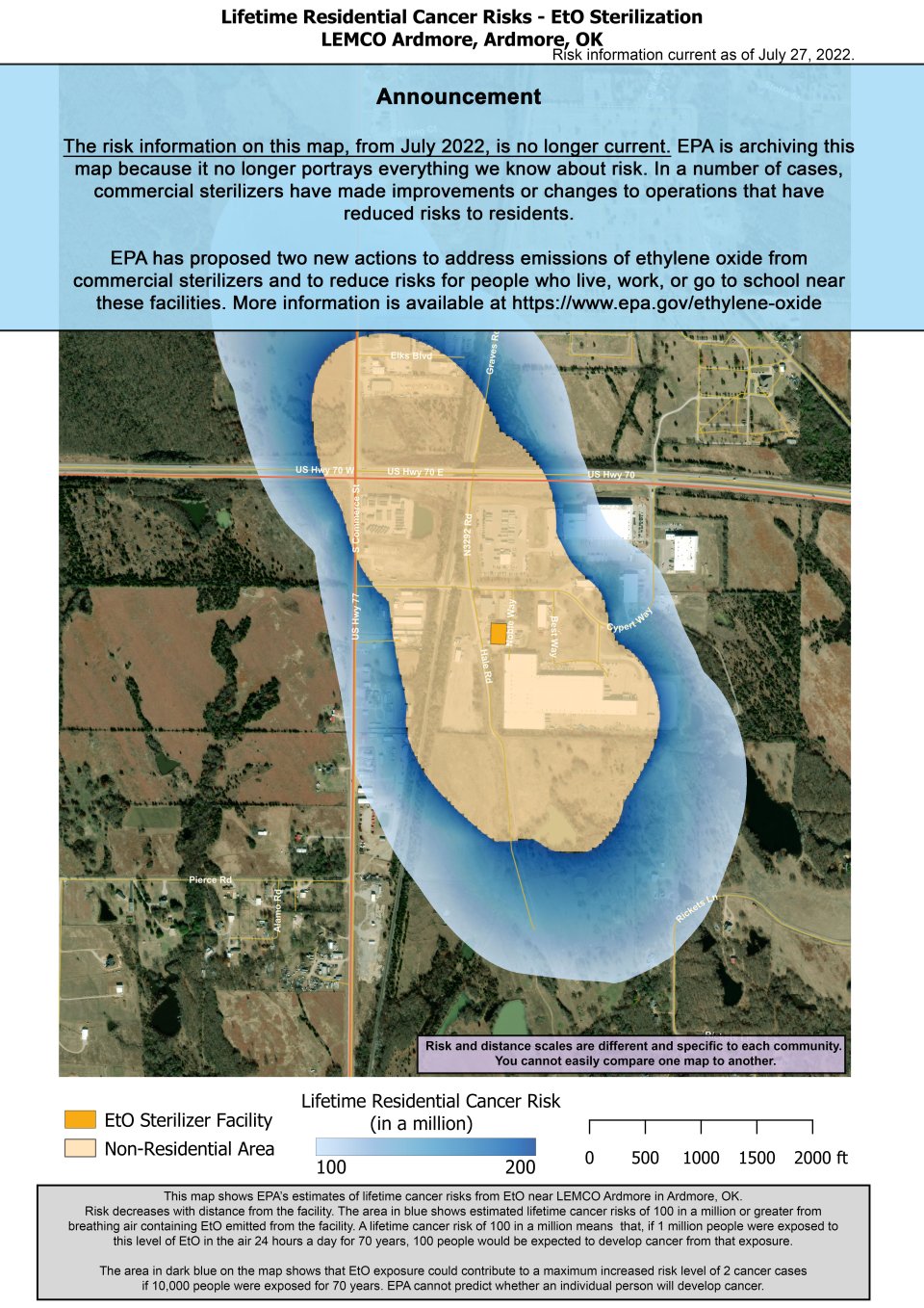 This map shows EPA’s estimate of lifetime cancer risks from breathing ethylene oxide near Lemco, 3204 Hale Rd Ardmore, OK 73401. Estimated cancer risk decreases with distance from the facility. Nearest the facility the estimated lifetime cancer risk is 200 in a million. Risk drops to 100 in a million and extends from near Elks Blvd (Nth) to Rickets Ln (Sth). The area extends to Cypert Way (East) and Rickets Ln (SE), Hwy 77 (SW) and extends to the tree line located NW of the intersection of Hwy 70 and Hwy 77