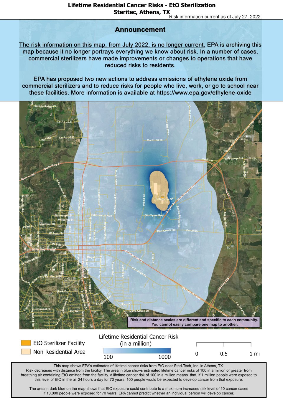 This map shows EPA’s estimate of lifetime cancer risks from breathing ethylene oxide near Steritec, Inc.  located at 1705 Enterprise St Athens, TX 75751. Estimated cancer risk decreases with distance from the facility. Nearest the facility, the estimated lifetime cancer risk is 1,000 in a million. Risk drops to 100 in a million and extends approximately from La Acres Rd (North) to Dove Creek Dr (South), as well as from Stirman St (West) to Co Rd 4901 (East).