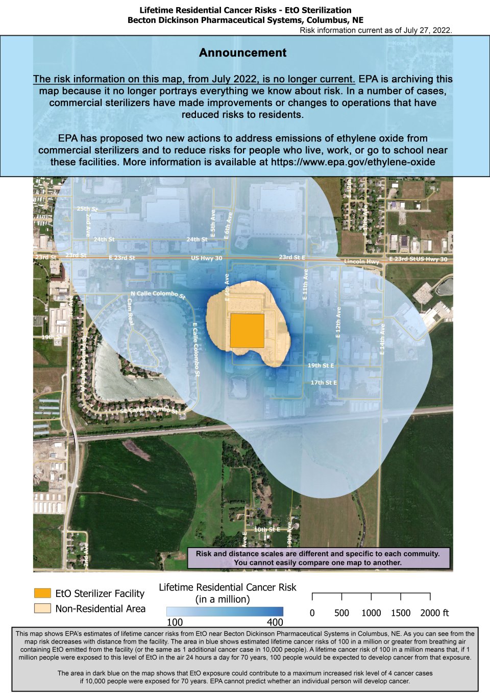 This map shows EPA’s estimate of lifetime cancer risks from breathing ethylene oxide in ambient air near Becton Dickinson Pharmaceutical Systems, 920 E. 19th Street, Columbus, NE. Estimated cancer risk decreases with distance from the facility.  Nearest the facility, the estimated lifetime cancer risk is 400 in a million. This risk drops to 100 in a million and extends to 8th street to the south, 10th avenue to the west, almost to 23rd avenue to the east and 38th street to the north. 