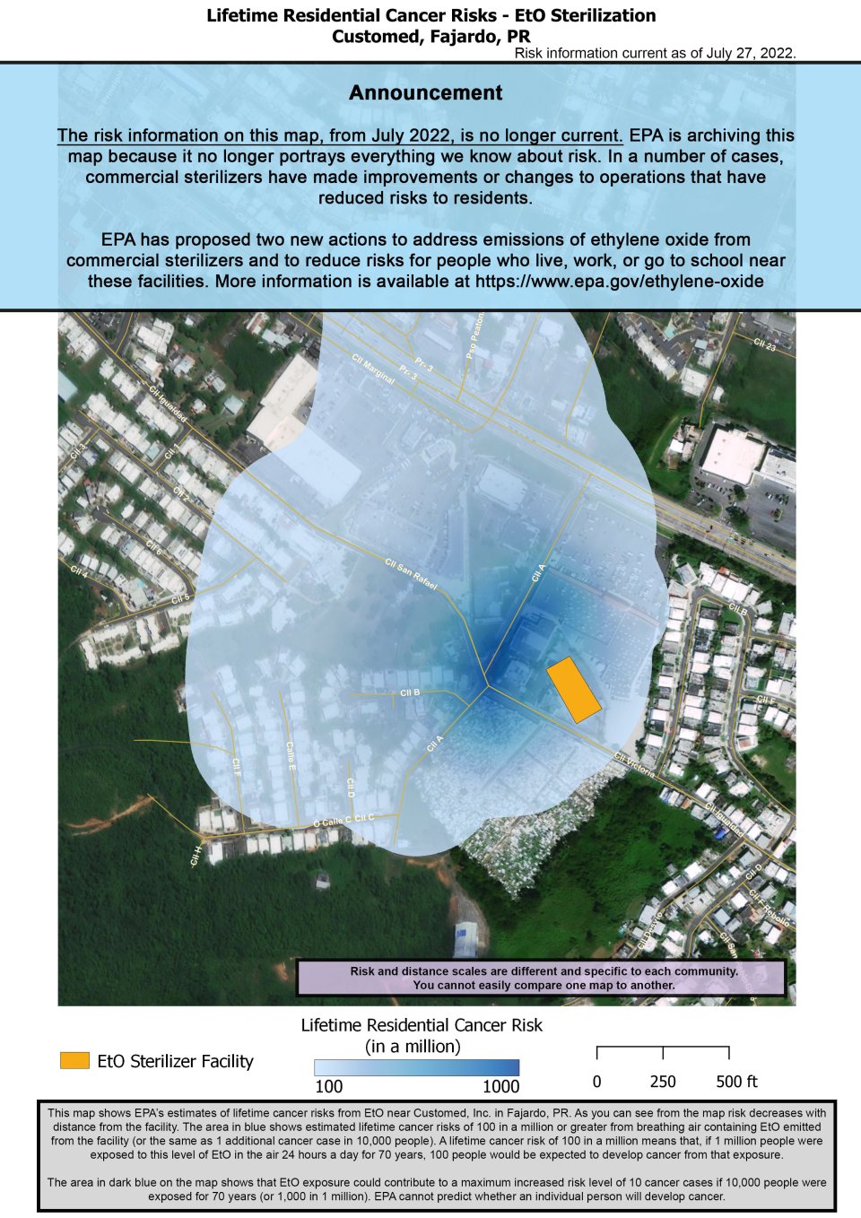 This map shows EPA’s estimate of lifetime cancer risks from breathing ethylene oxide near Customed, Inc. located at Carretera Igualdad #7 in Fajardo, PR.  Estimated cancer risk decreases with distance from the facility.  Nearest the facility, the estimated lifetime cancer risk is 1,000 in a million. This drops to 100 in a million and extends near Fajardo Market Square to the north, Ralph’s Food Warehouse Fajardo to the east, Monte Vista Residential Development to the northwest. 