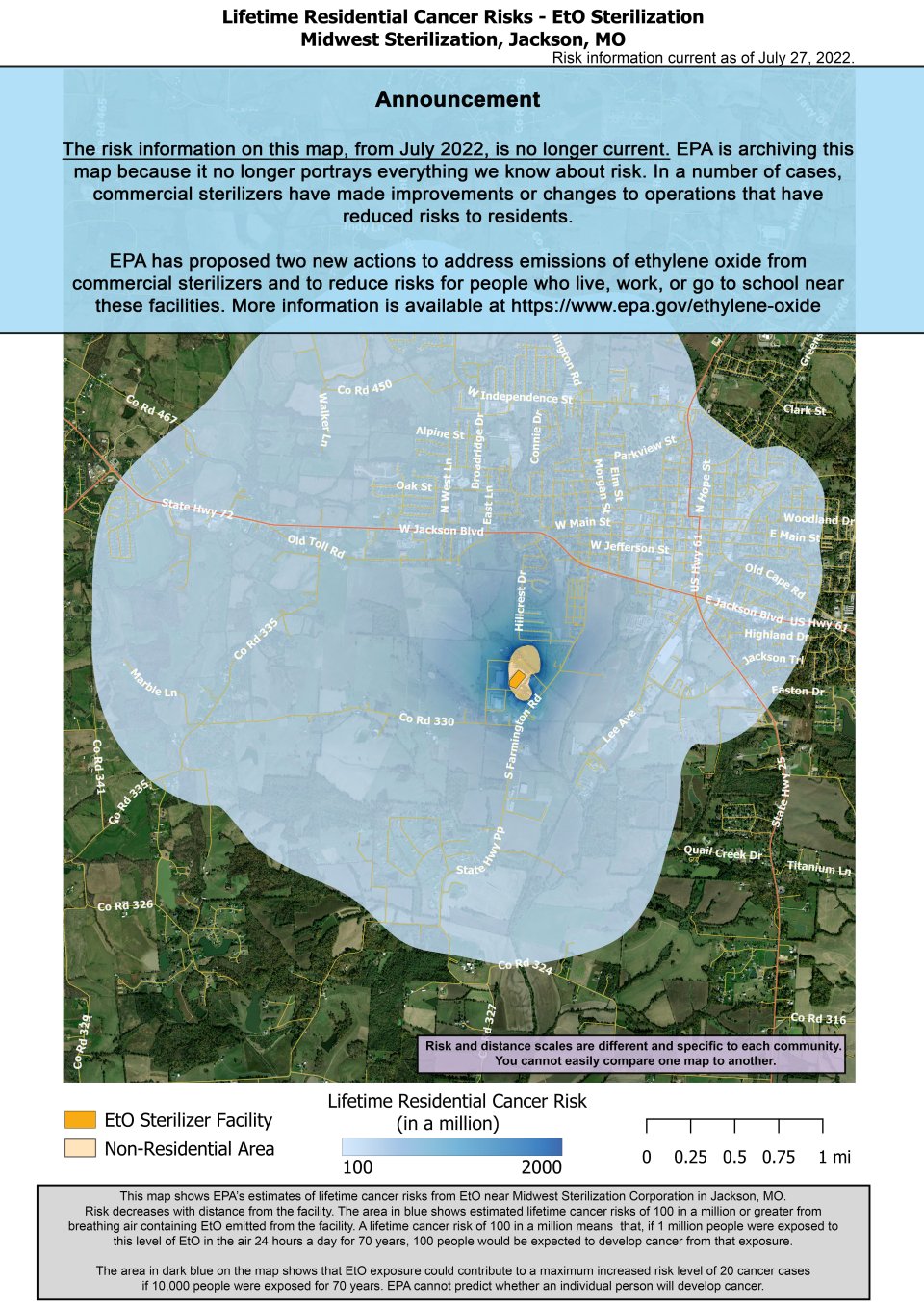 This map shows EPA’s estimate of lifetime cancer risks from breathing ethylene oxide near Midwest Sterilization Corp, 1204 Lenco Ave, Jackson, MO. Estimated cancer risk decreases with distance from the facility.  Nearest the facility, the estimated lifetime cancer risk is 2,000 in a million. This risk drops to 100 in a million and extends to Litz Park to the east, to the junction of County Lane and State highway D to the north, almost to County Road 341 to the west and County Road 324 to the south. 