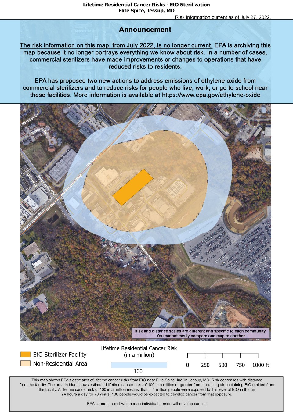 This map shows EPA’s estimated lifetime cancer risks from breathing ethylene oxide near Elite Spice, 7151 Montevideo Rd Jessup MD. Estimated cancer risk decreases with distance from the facility. Nearest the facility the estimated lifetime cancer risk is 100 in a million. 