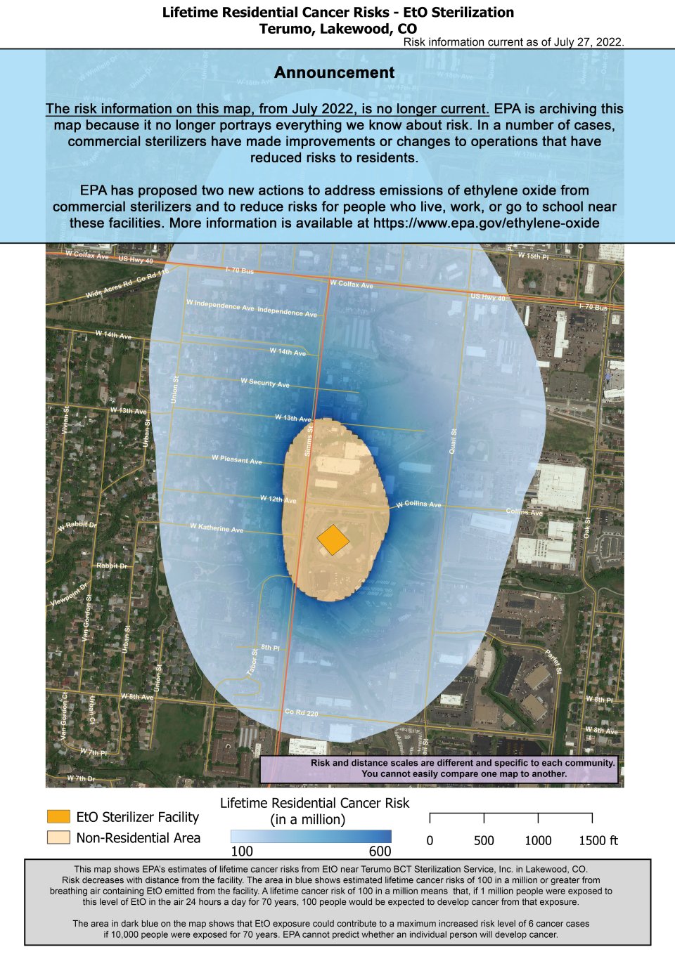 This map shows EPA’s estimate of lifetime cancer risks from breathing ethylene oxide near Terumo located at 10811 Collins Ave, in Lakewood, CO. The area in blue shows estimated lifetime cancer risks of 100 in a million or greater from breathing air containing EtO emitted from the facility. Nearest the facility, the estimated lifetime cancer risk is 624 in a million. Estimated cancer risk decreases with distance from the facility. 