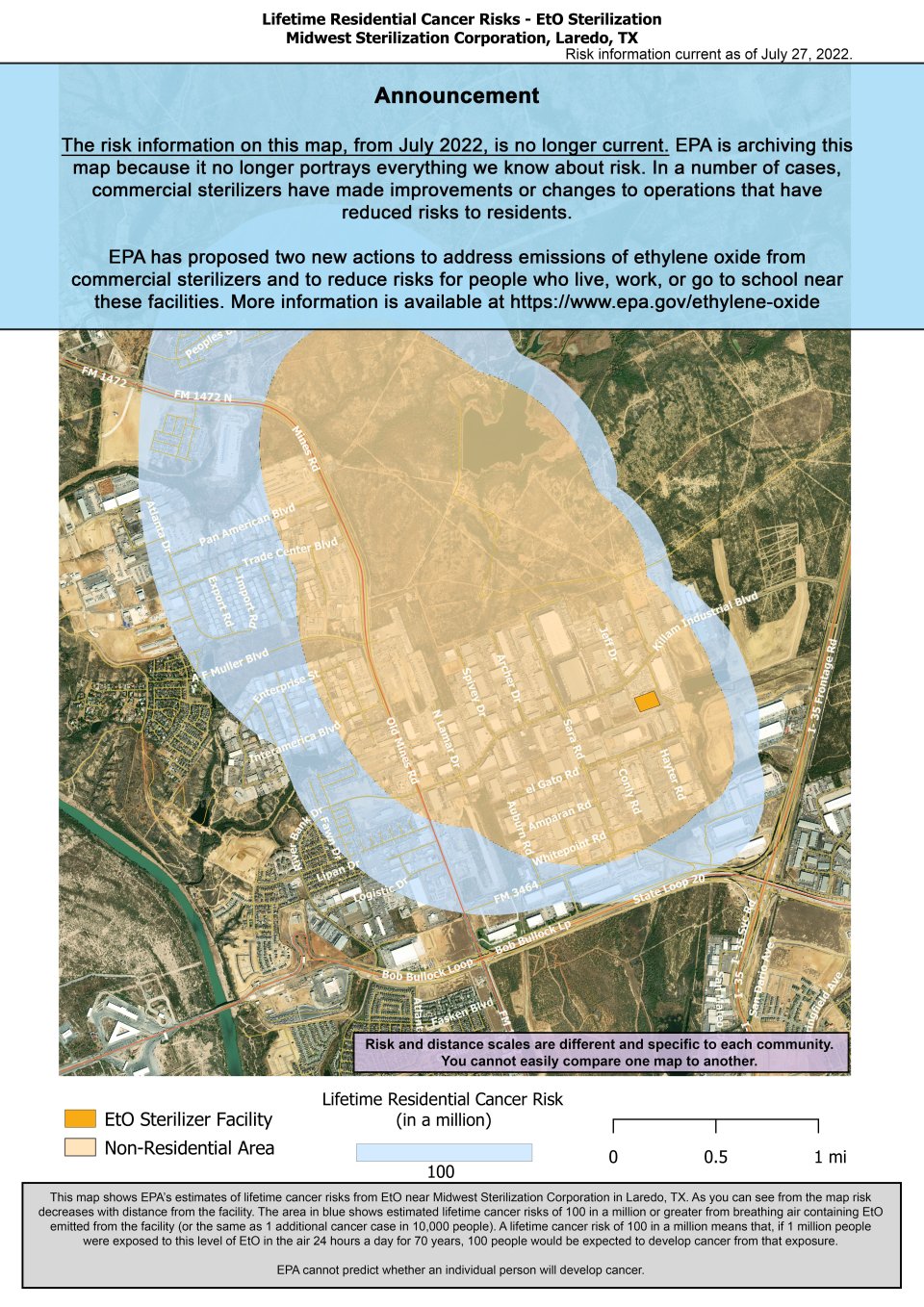 This map shows EPA’s estimate of lifetime cancer risks from breathing ethylene oxide near Midwest Sterilization Corporation, 12010 General Milton Dr, Laredo, TX 78045. Estimated cancer risk decreases with distance from the facility. Nearest the facility, the estimated lifetime cancer risk is 100 in a million. This area extends approximately from Aransas Pass Rd (North), and Atlanta Dr (Northwest), to the intersection of Bob Bullock Loop and I-35 (Southwest). 