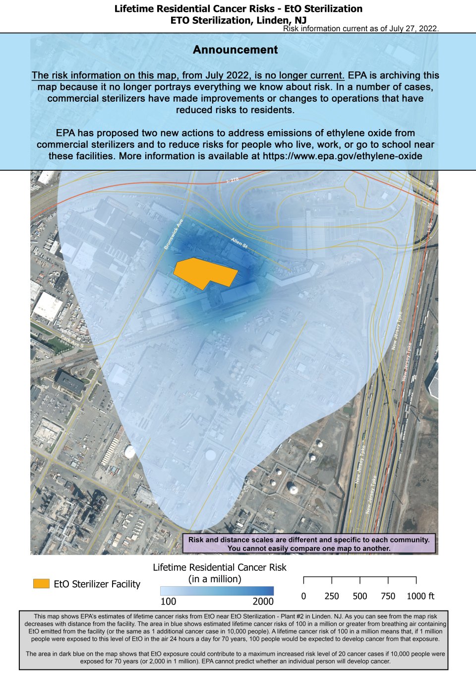 This map shows EPA’s estimate of lifetime cancer risks from breathing ethylene oxide near EtO Sterilization-Plant #2 located at 2500 Brunswick Avenue Linden, NJ.  Estimated cancer risk decreases with distance from the facility.  Nearest the facility, the estimated lifetime cancer risk is 2,000 in a million. This drops to 100 in a million and extends near I-278 to the west, J. Christian Bollwage Finance Academy to the north, the New Jersey Turnpike to the east, and Linden Cogeneration Plant to the south.  