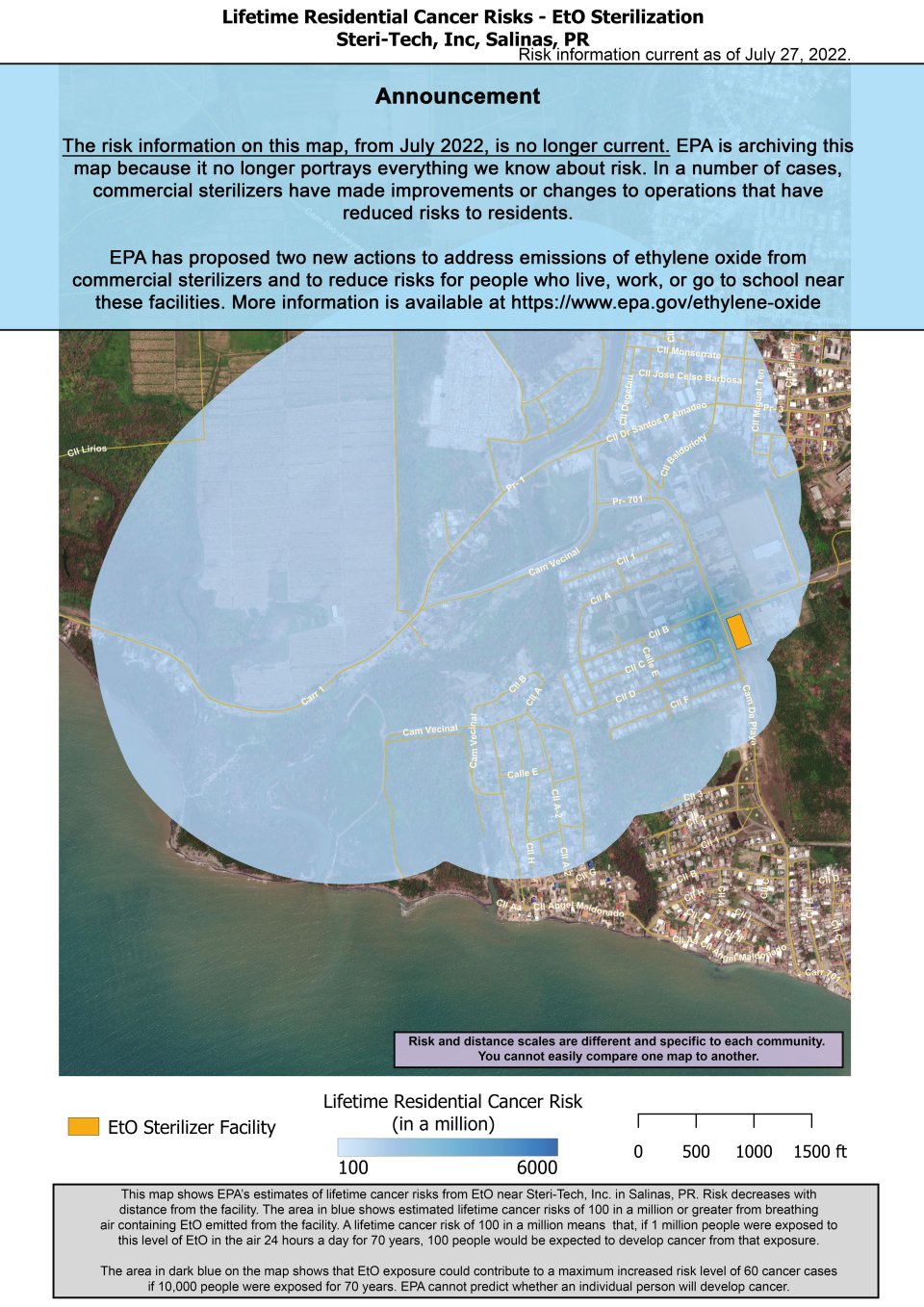 This map shows EPA’s estimate of lifetime cancer risks from breathing ethylene oxide near Steri-Tech located at Carretera 701 Km 0.7 Salinas Industrial Park in Salinas, PR.  Estimated cancer risk decreases with distance from the facility.  Nearest the facility, the estimated lifetime cancer risk is 6,000 in a million. This drops to 100 in a million and extends near Salinas Municipal Cemetery to the northwest, Los Ochenta Beach to the west, and Villa Esperanza Residential Development to the southwest. 