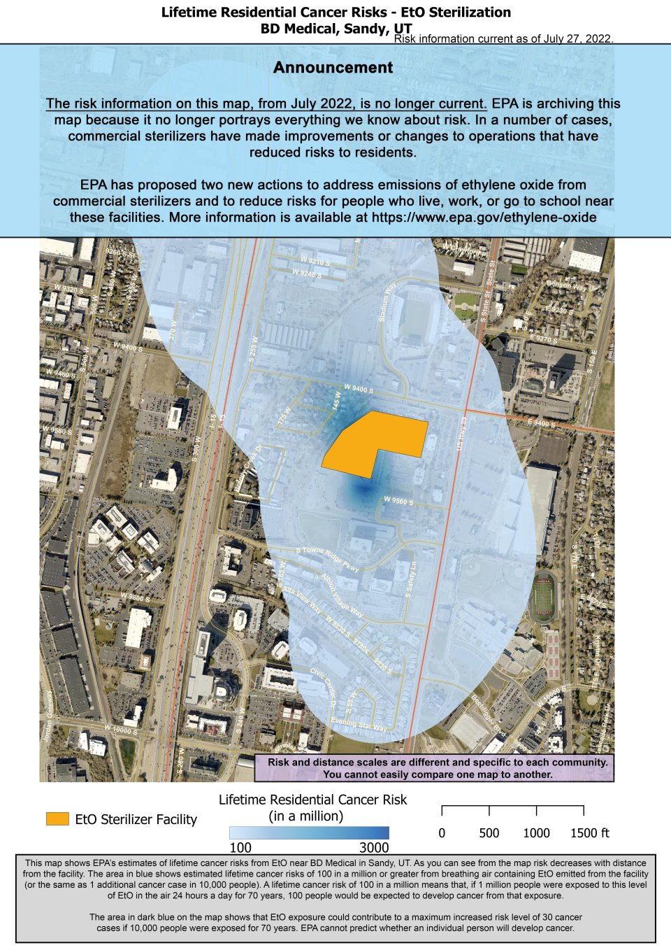 This map shows EPA’s estimate of lifetime cancer risks from breathing ethylene oxide near BD Medical located at 9450 State St. in Sandy, UT. The area in blue shows estimated lifetime cancer risks at 100 in a million or greater from breathing air containing EtO emitted from the facility. Nearest the facility, the estimated lifetime cancer risk is 2,547 in a million. Estimated cancer risk decreases with distance from the facility.