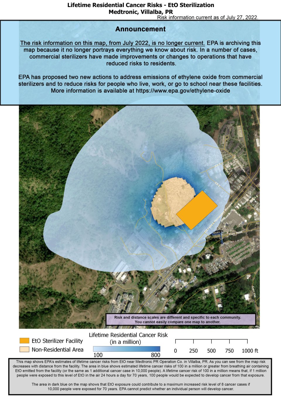 This map shows EPA’s estimate of lifetime cancer risks from breathing ethylene oxide near Medtronic PR Operation Co. located at Carretera 151, Bo. Villalba Arriba, Villalba, PR.  Estimated cancer risk decreases with distance from the facility.  Nearest the facility, the estimated lifetime cancer risk is 800 in a million. This drops to 100 in a million and extends near Lysander Borrero Terry High School to the southwest, near Street #1 and #3 to the northeast, and Villalba’s Cemetery to the north.