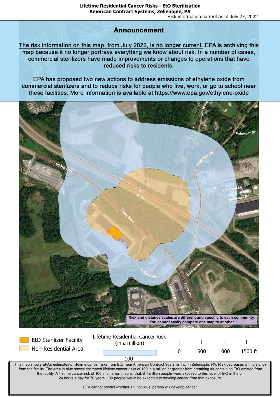 This map shows EPA’s estimate of lifetime cancer risks from breathing ethylene oxide near American Contract Systems, 4040 Jacksons Pointe C, Zelienople, PA. Estimated cancer risk decreases with distance from the facility. Nearest the facility, the estimated lifetime cancer risk is 100 in a million. 