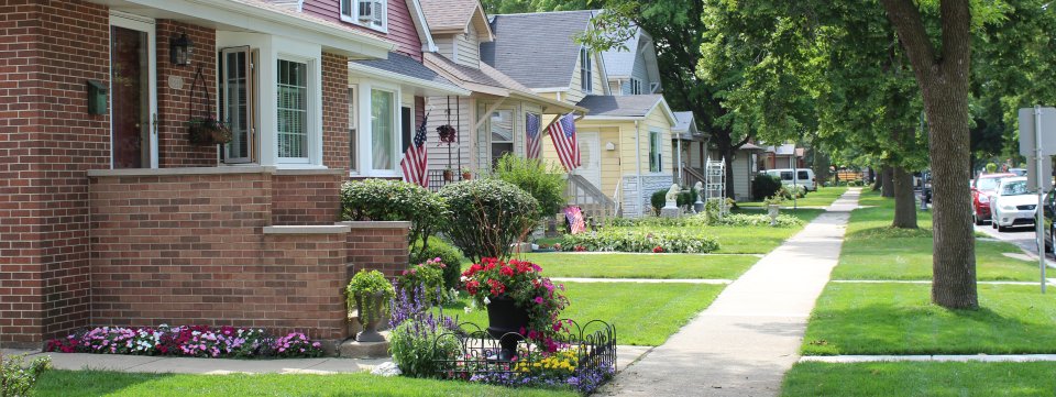 Picture of street in Bedford Park, Illinois, of houses, trees, flowers, sidewalk