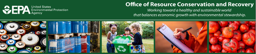 This is a banner depicting images of ORCR work: Battery recycling, food waste prevention, kids holding a plastics recycling bin