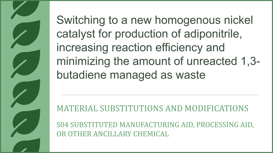 Switching to a new homogenous nickel catalyst for production of adiponitrile, increasing reaction efficiency and minimizing the amount of unreacted 1,3-butadiene managed as waste, Material Substitutions and Modifications, S04 Substituted manufacturing aid, processing aid, or other ancillary chemical