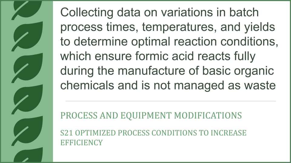 Collecting data on variations in batch process times, temperatures, and yields to determine optimal reaction conditions, which ensure formic acid reacts fully during the manufacture of basic organic chemicals and is not managed as waste, Process and Equipment Modifications, S21 Optimized process conditions to increase efficiency