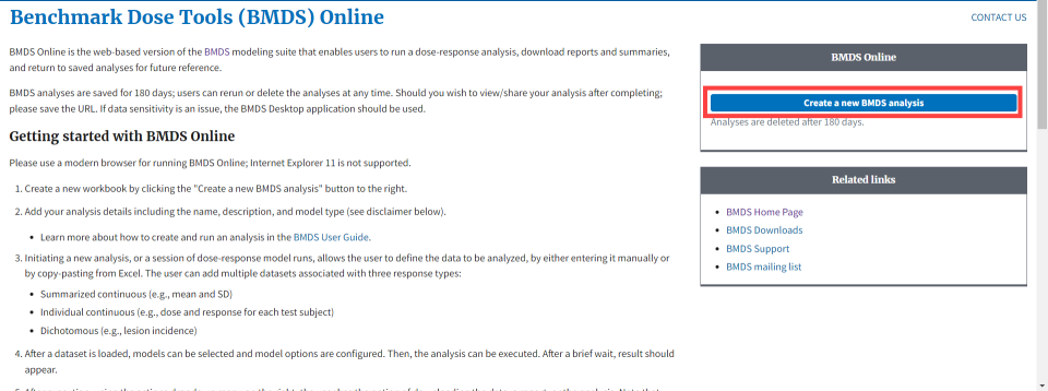 BMDS Online landing page, with create analysis button highlighted