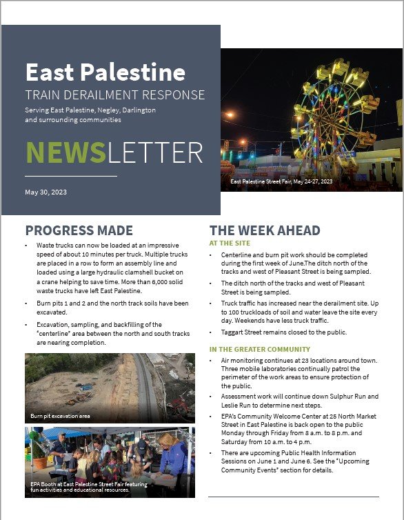 Cover of the May 30, 2023 East Palestin Train Derailment Newsletter