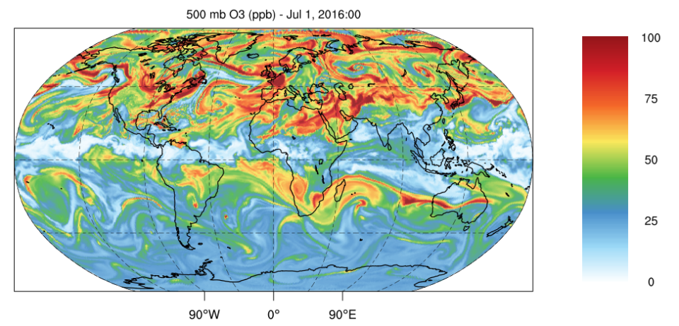Image shows global ozone (in parts per billion) at the 500 hectopascal pressure level (approximately 18,000 feet above sea level) at 00 UTC 1 July 2016 as simulated by the MPAS-CMAQ coupled meteorology and air quality modeling system. The rainbow-style color scale ranges from white and light blue at values close to zero to dark red at values approaching 100 parts per billion.