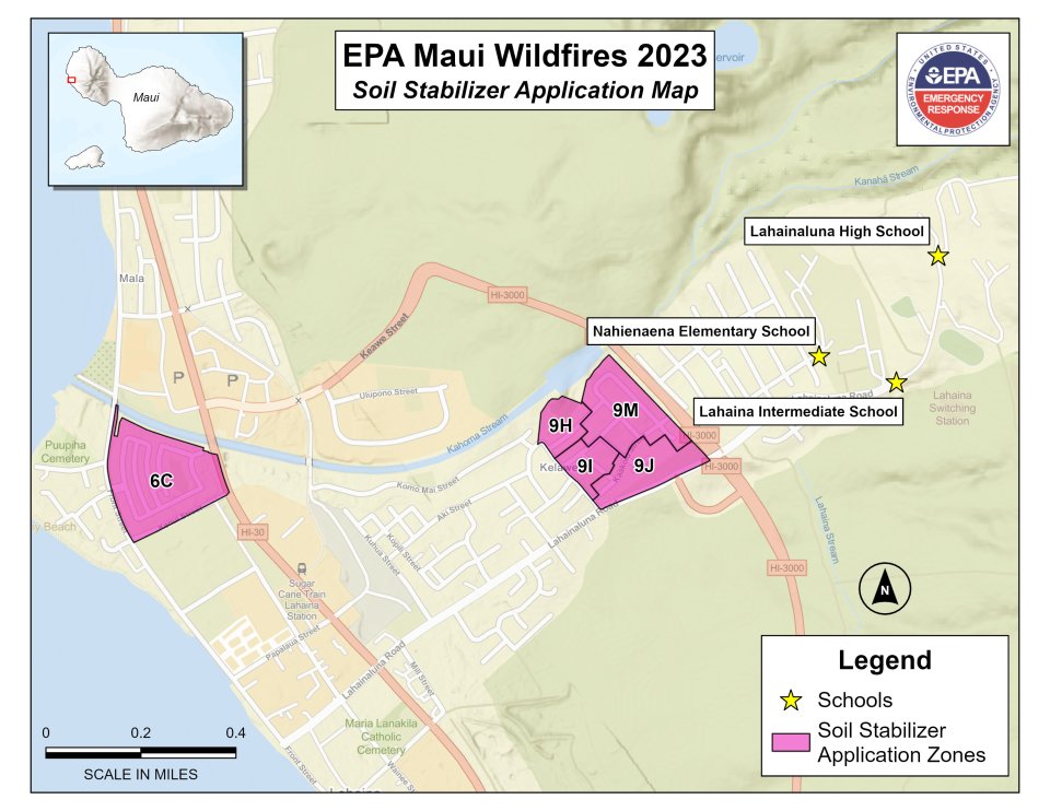A map of EPA's initial application of soil stabilizer in Lāhainā.