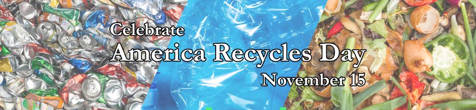 This is a banner image picturing three separate pictures put together in a trifold manner. From left to right the pictures depict 1. crushed tin cans ready to be recycled, 2.  plastic bottles, and 3. decaying vegetables atop a compost pile.
