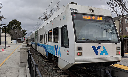 This is a picture of a Valley Transportation Agency light rail train that serves San Jose and the Silicon Valley suburbs.