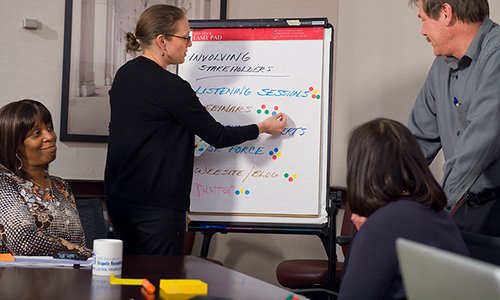 Photo of a woman taking notes on a flip chart surrounded by a few other people around a conference room table.