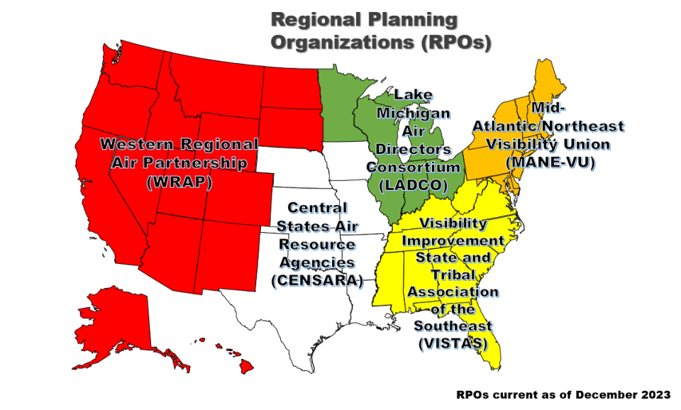 Map of the U.S. with RPOs identified. WRAP in Western U.S. CENSARA in south central U.S. LADCO in Lake Michigan area of the U.S. VISTAS in the southeastern U.S. MANE-VU in northeastern U.S.