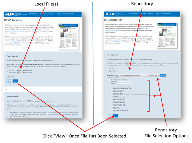 Two screenshots of RETIGO repository page showing file selection (left) and file selection options (right)