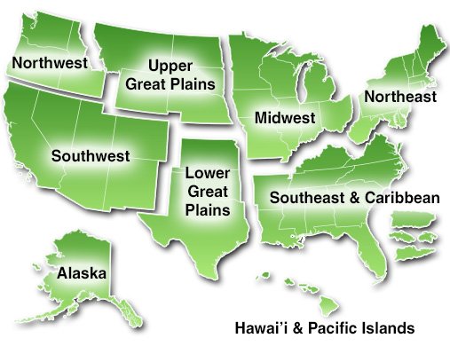 US map divided into 8 regions: Northwest, Upper Great Plains, Midwest, Northeast, Southeast & Caribbean, Hawai'i & Pacific Islands, Lower Great Plains, Southwest, and Alaska