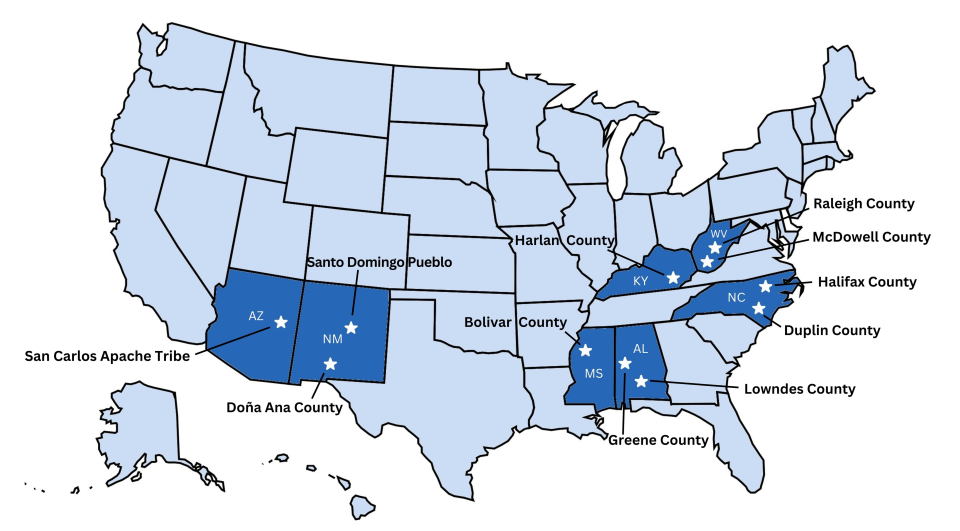 Map of Pilot Communities in the Closing America’s Wastewater Access Gap Community Initiative Program