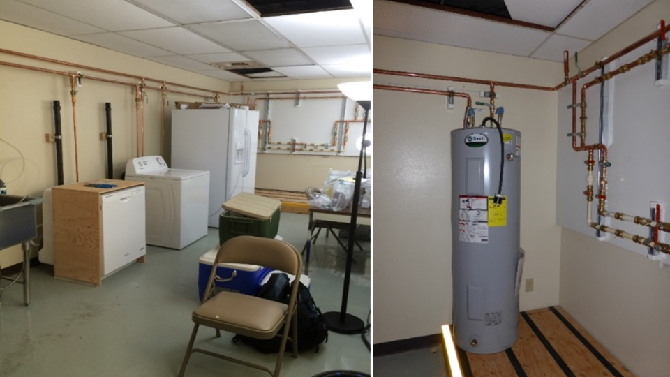 At left, a dishwasher, washing machine, and refrigerator; at left, a hot water heater - all appliances are part of the premise plumbing system at the WSTB.