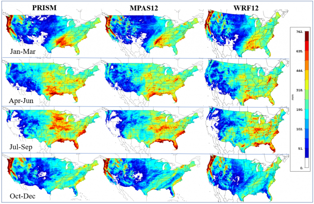 Figure 1 Seasonal observed precipitation (PRISM, in millimeters) with estimates from the two weather models MPAS and WRF.