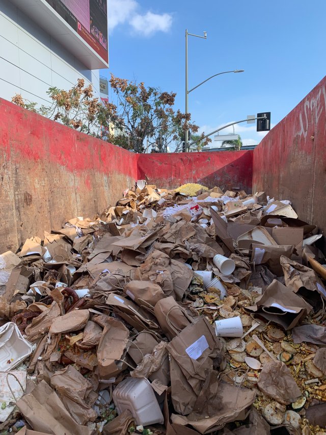 Image of a dumpster full of wasted food. 