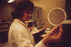LABORATORY AT EPA'S LAS VEGAS NATIONAL RESEARCH CENTER TECHNICIAN HOLDS UP AN AIR FILTER