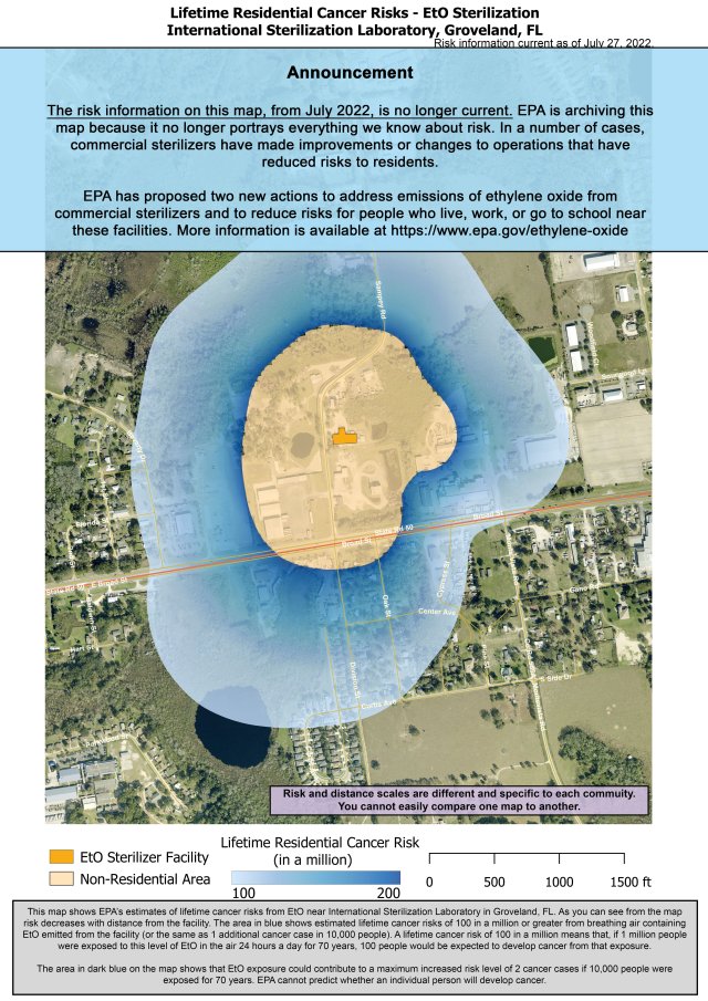 This map shows EPA’s estimate of lifetime cancer risks from breathing ethylene oxide near International Sterilization Laboratory located at 217 Sampey Road, Groveland, FL.  Estimated cancer risk decreases with distance from the facility.  Nearest the facility, the estimated lifetime cancer risk is 200 in a million. This drops to 100 in a million and extends about 200’ south of Curtis Ave., and 200’ west of Beverly Drive. 