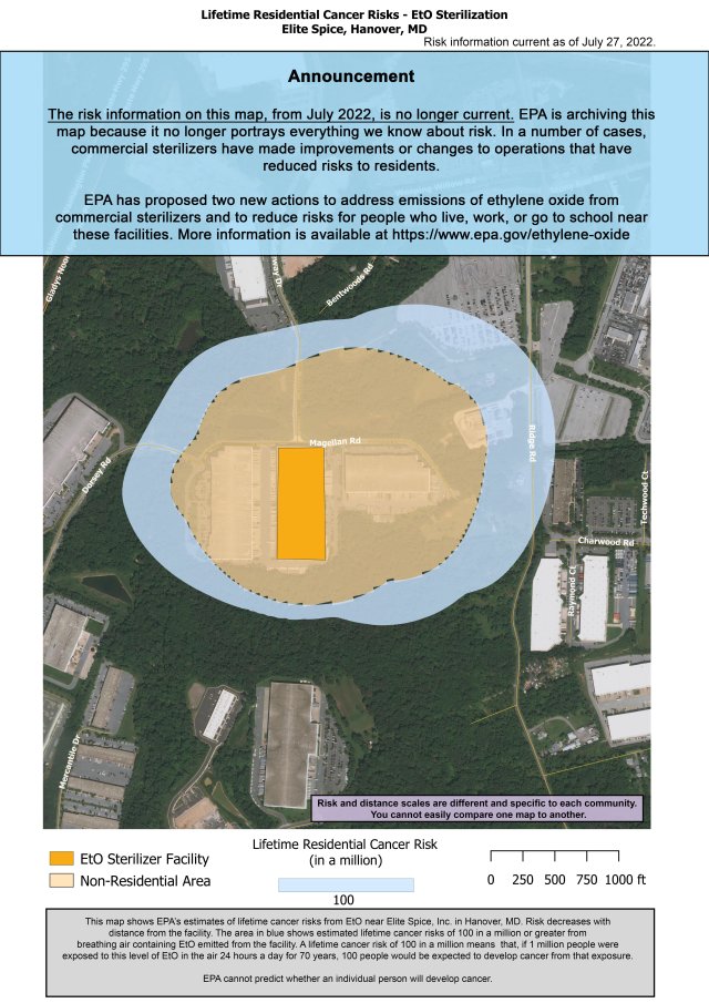 This map shows EPA’s estimate of lifetime cancer risks from breathing ethylene oxide near Elite Spice, Hanover located at 1415 Magellan Road, Hanover, MD.  Estimated cancer risk decreases with distance from the facility.  Nearest the facility, the estimated lifetime cancer risk is 200 in a million. This drops to 100 in a million and extends north to Lindenmeyr Munroe, south to HD Supply Facilities Maintenance east to AFP Global Logistics, and west to Delsey Paris.