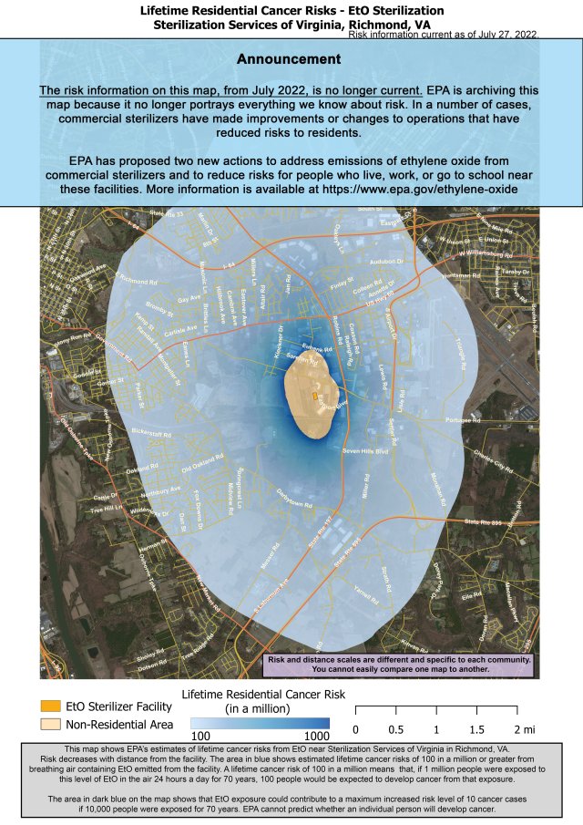 This map shows EPAs estimate of lifetime cancer risks from breathing ethylene oxide near Sterilization Services of VA, 5674 Eastport Blvd, Richmond VA. Estimated cancer risk decreases with distance from the facility. Nearest the facility estimated lifetime cancer risk is 1000 in a million. This drops to 100 in a million extending to these intersections: north to Westover Ave and Westover Pines Dr, south to Wilson Rd and Towhee Lane, west to Williamsburg Rd and Waverly Ave, and east to Richmond Intl Airport.