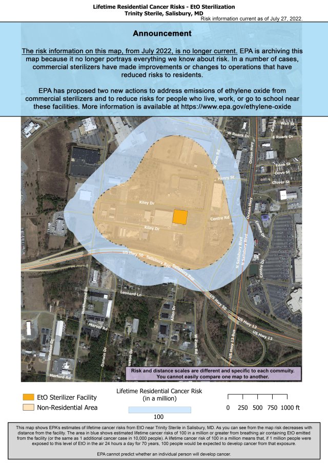 This map shows EPAs estimate of lifetime cancer risks from breathing ethylene oxide near Trinity Sterile 201 Kiley Drive Salisbury MD. Estimated cancer risk decreases with distance from the facility.Nearest the facility the estimated lifetime cancer risk is 200 in a million.This drops to 100 in a million and extends north to the intersection of Northgate Dr and W Naylor Mill Rd south to the intersection of Zion and Marvel Rds east to the Centre at Salisbury and west to Armstrong Parkway and W Naylor Mill Rd