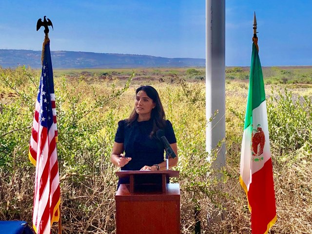 Pacific Southwest Regional Administrator Martha Guzman speaking at the International Boundary and Water Commission, United States and Mexico ceremony celebrating the agreement.