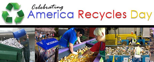 Celebrating America Recycles Day graphic with green recycle symbol