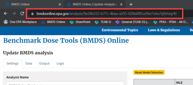 BMDS Online analysis URL highlighted