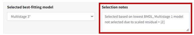 Selection notes box highlighted, with reason for model selection
