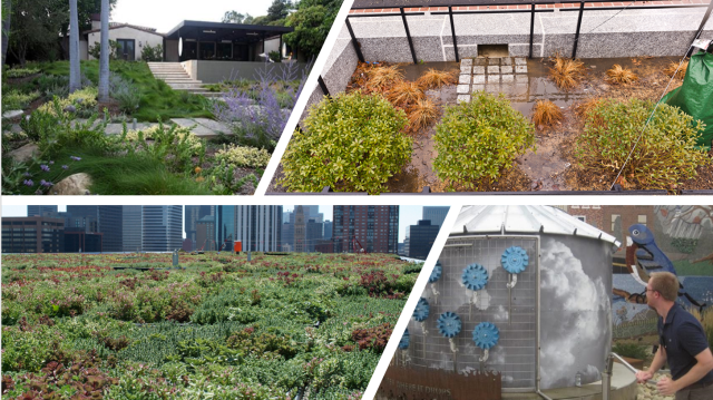 Collage of green infrastructure practices: rain garden, retention planter, green roof, and cistern.