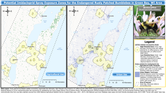 This map depicts Potential Imidacloprid Spray Exposure Zones for the Endangered Rusty Patched Bumblebee in Green Bay, WI Area