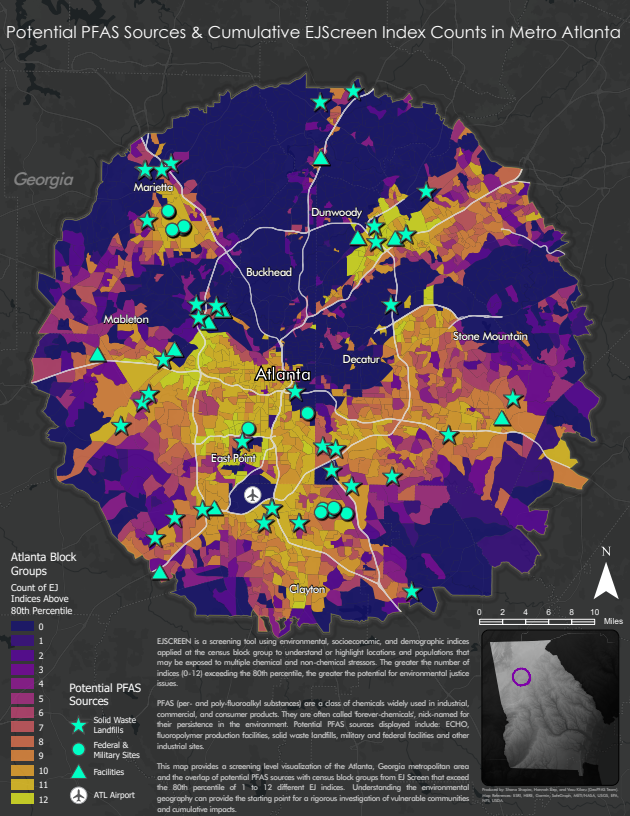 This maps depicts potential PFAS Sources & Cumulative EJSCREEN counts in Metro Atlanta