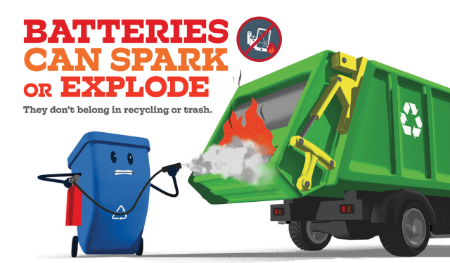 A Batteries can Spark or Explode graphic with a blue cartoon recycling bin holding a fire extinguisher and spraying a green recycling truck with a fire in the back.