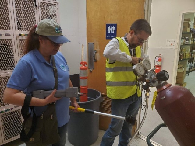 Lilian Abreu (EPA) and Mathew Plate (EPA) performing helium tracer testing (Moffett Field – SF Area CA)