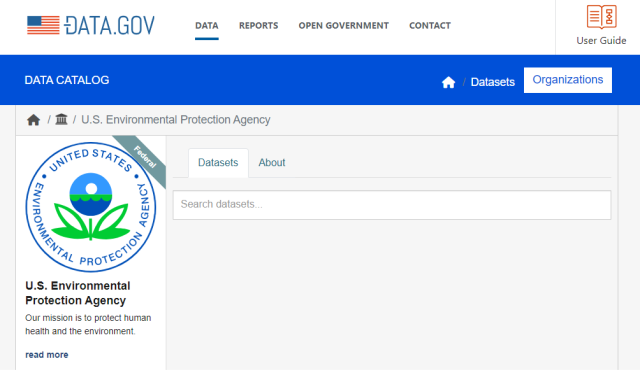 A few of EPA's data catalog at data.gov. Image can be clicked to go to data.gov site. 