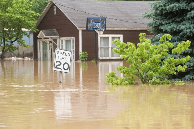A flooded residential street