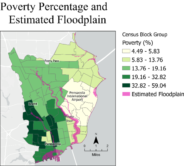 Map showing poverty percentage by census block group overlayed with outlined areas of estimated floodplain
