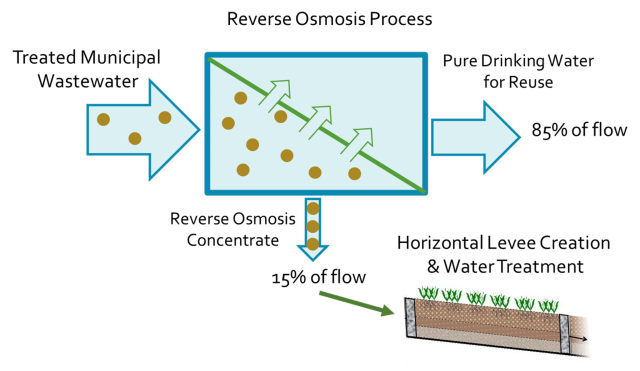 Schematic showing how reverse osmosis removes contaminants from treated municipal wastewater prior to potable water reuse. The contaminants remain in the reverse osmosis concentrate, which may be treated using nature-based solutions such as horizontal levees.