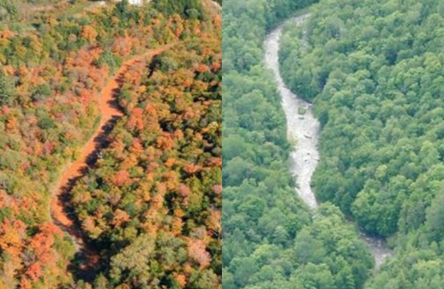 Aerial Imagery of a local waterway impacted by mining-influenced water from mine waste piles at the Elizabeth Mine site in Vermont before (left) and after (right) implementing the RCTS TM.  Source EPA